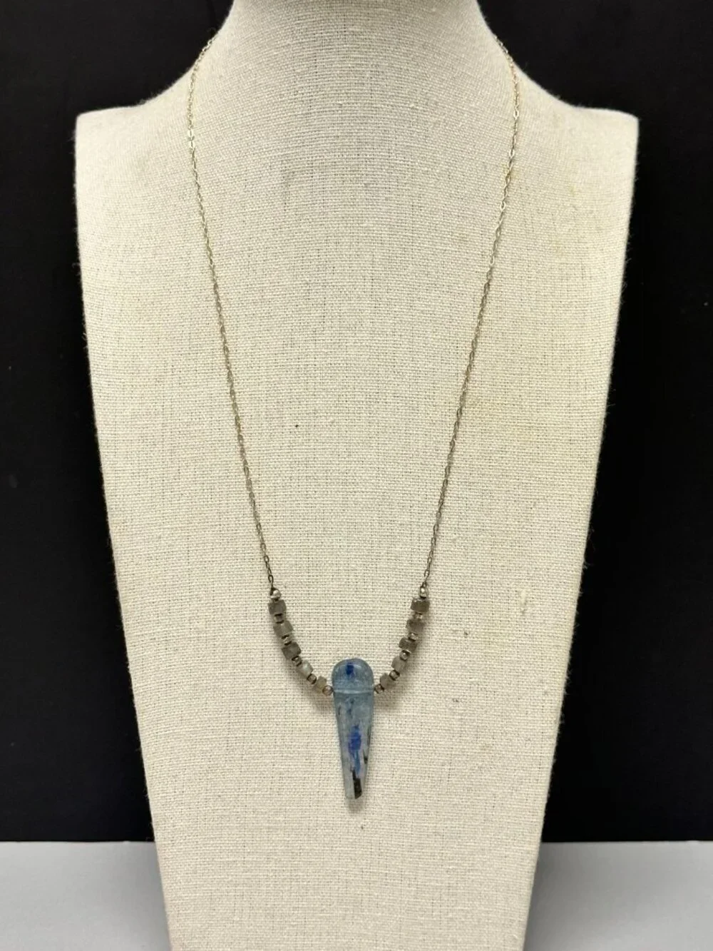 Kyanite Pendant Necklace Sterling Silver Blue Stone Beaded Chain Artisan